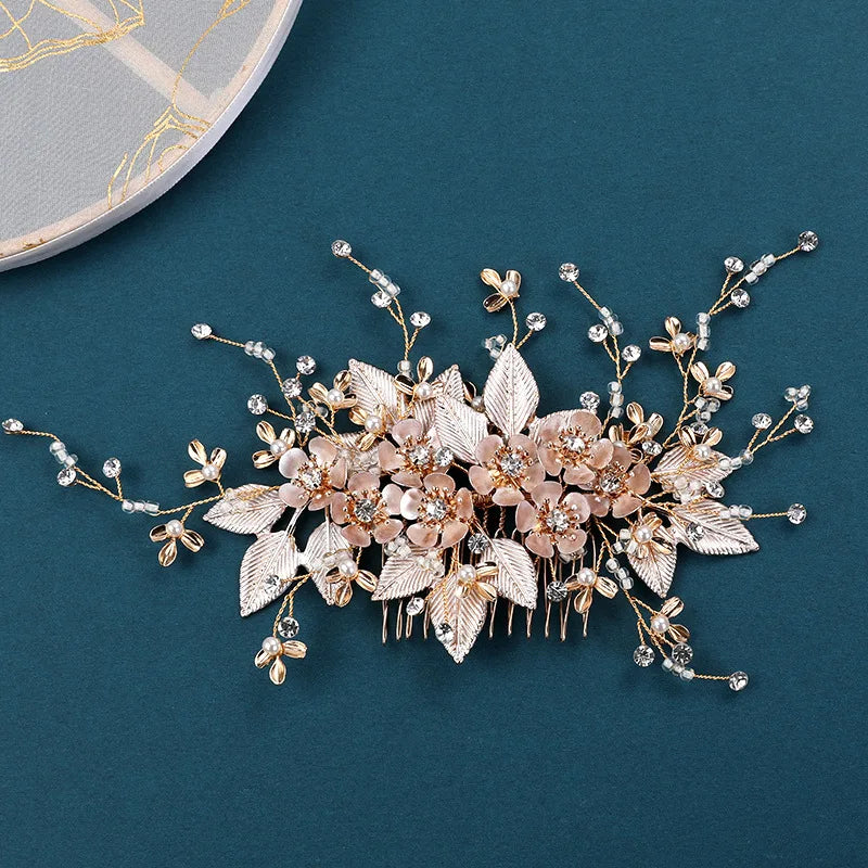 Wedding Accessories Flower Hair Comb Pin Clip Rhinestones Crystal Head Pieces Bride Women Gold Color Leaf Hairpin Bridal Jewelry a