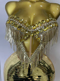 Sparkly Gold Rhinstones tassels Top Skirt Two-piec Set Women Sexy Strapless Designer Nightclub Evening Party Stage Outfit