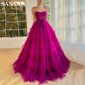 Sexy Spaghetti Strap Fuchsia فساتين السهرة Multilayer Tulle A-line Prom Dress Princess Puffy Vestidos De Noche