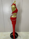 Luxury Rhinestone Red Sexy Cut Out Two Piece Pants Bandage Set Women Celebrity Designer Fashion Women's Set Stage Outfit