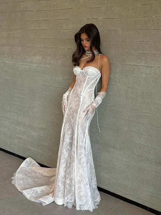 Luxury Strapless Mermaid Wedding Dresses Sexy Sweetheart Lace Bridal Gown Floor Length Corset Bride Dress With Train As Picture