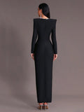 Elegant Women's Light Luxury Nail Diamond Design Bandage Dress U Neck Long Sleeve Bodycon Long Dress Evening Party Vestidos