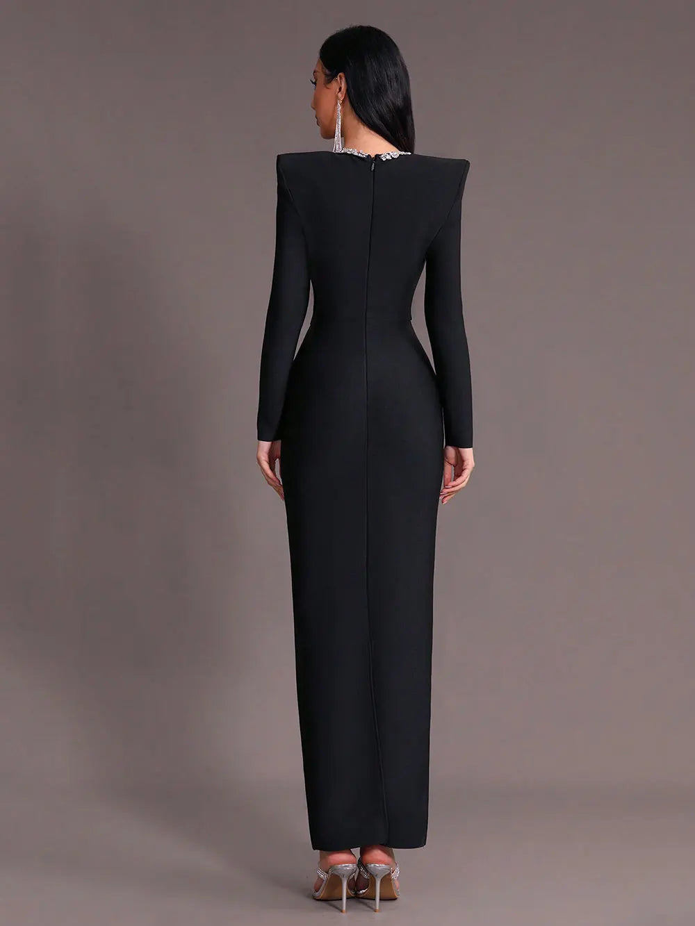 Elegant Women's Light Luxury Nail Diamond Design Bandage Dress U Neck Long Sleeve Bodycon Long Dress Evening Party Vestidos