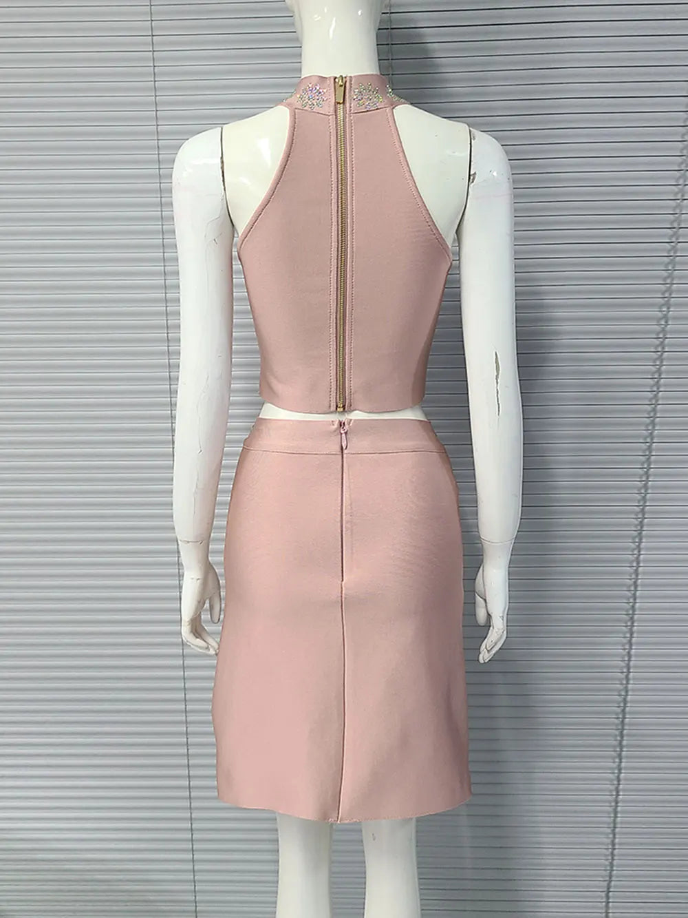 Sexy Women's Hot Diamond Top+Bandage Short Skirt Sets O-neck Sleeveless Short Tank Top+High Waist Short Skirt Two Piece Set