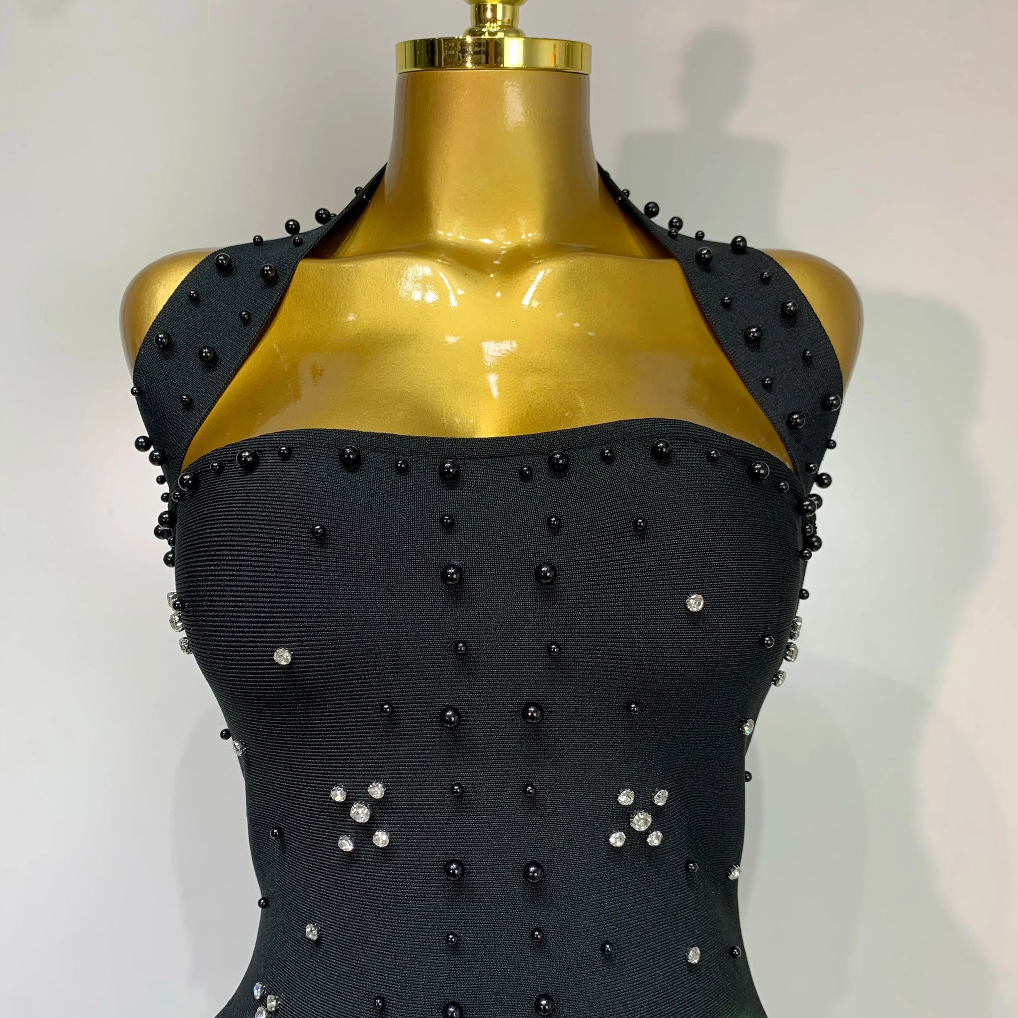 Elegant Sparkly Rhinestone Pearl Halter Backless Bodycon Bandage Long Dress Women Luxury Birthday Evening Party Gowns