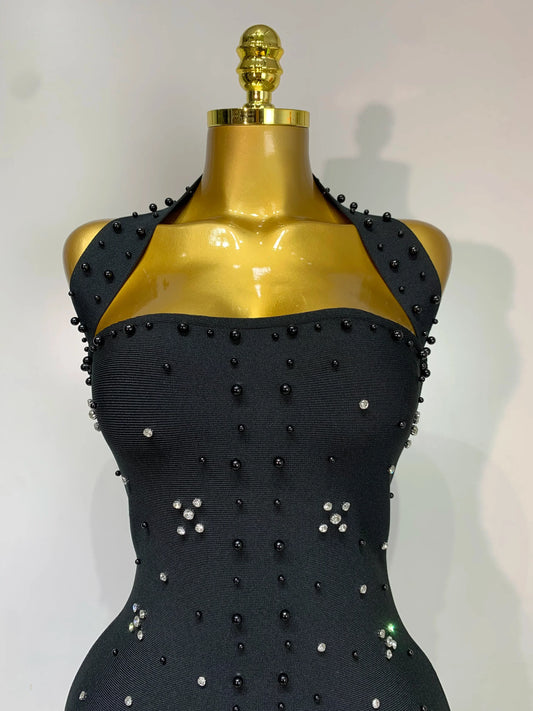 Elegant Sparkly Rhinestone Pearl Halter Backless Bodycon Bandage Long Dress Women Luxury Birthday Evening Party Gowns