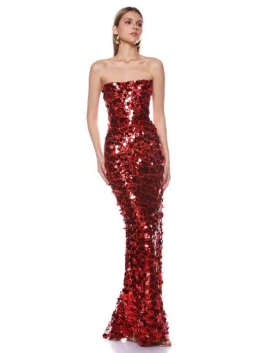 Christmas Style Women Shinning Red Sequins Strapless Bodycon Long Dress Celebrate Birthday Party Nightclub Outfit Vestido Red