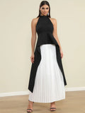 Elegant Women's Loose pleated Long Dress with Stand up Collar and Sleeveless Black and White Dress Fashion Banquet Vestidos black