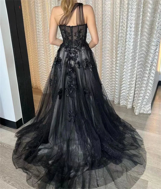 Black One Shoulder A-line فساتين سهره فاخره Lace Embroidery Side Split Tulle فساتين السهرة Sweet Flower Prom Dresses