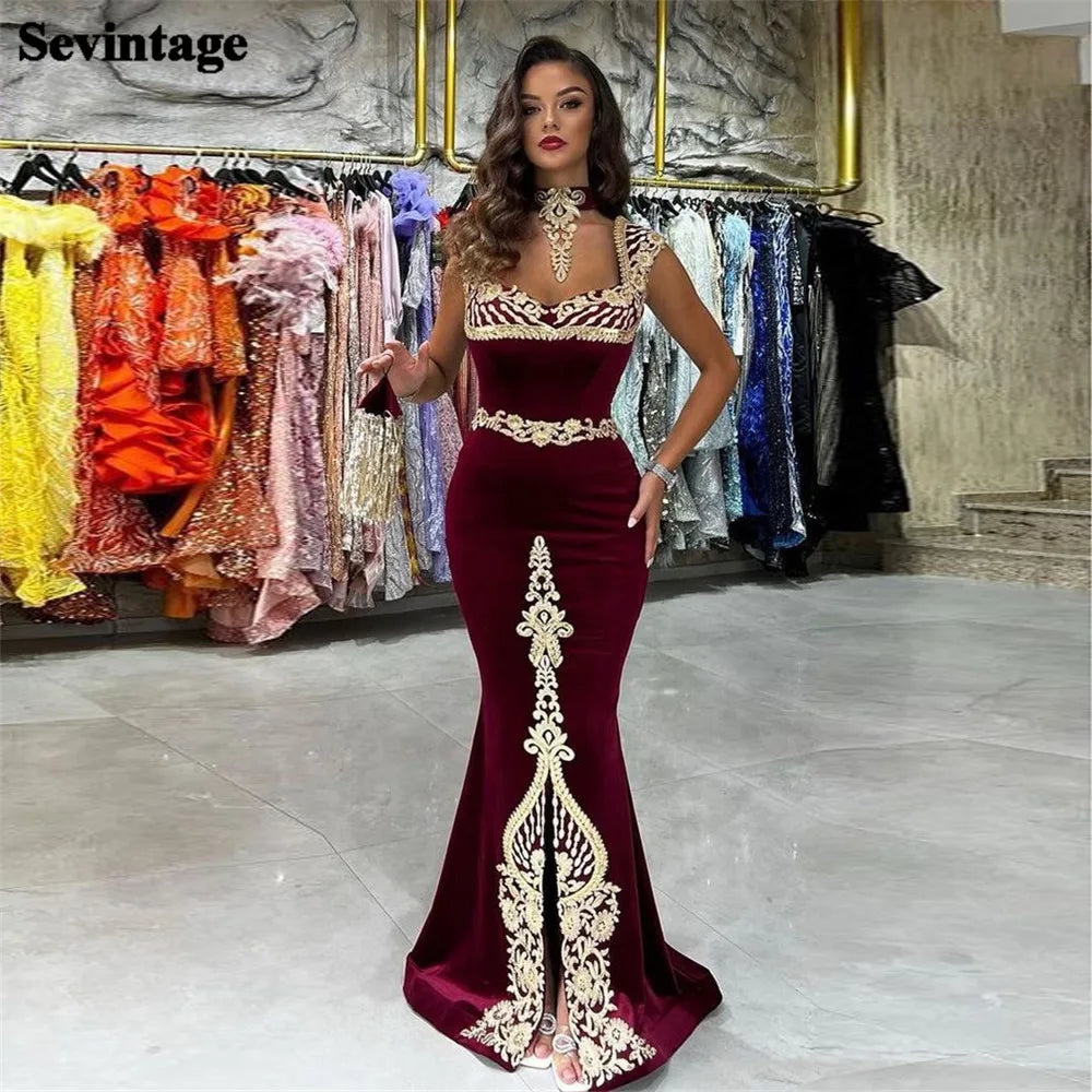 Elegant Burgundy Mermaid Kaftan Evening Dress Lace Appliques Sheath Prom Gown Mid Slit Floor Length Algerian Outfit