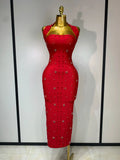 Elegant Sparkly Rhinestone Pearl Halter Backless Bodycon Bandage Long Dress Women Luxury Birthday Evening Party Gowns Red
