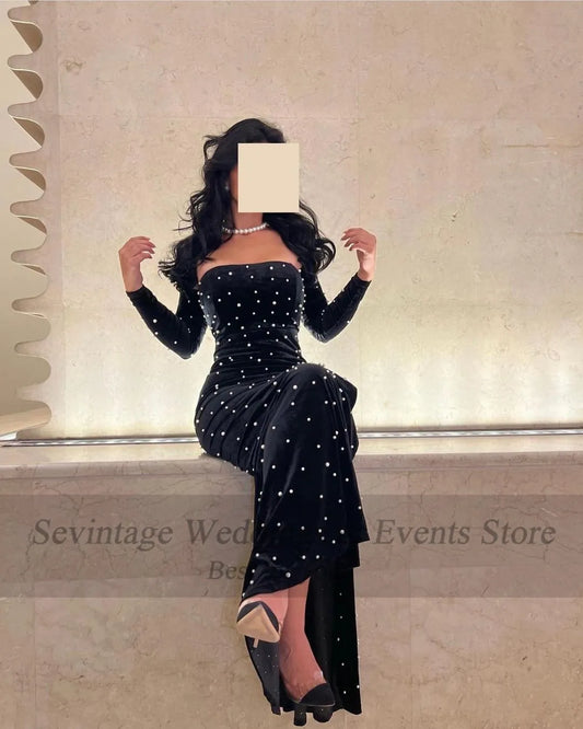 Black Mermaid Velvet Formal Evening Dresses Pearls Long Sleeves Women's Party Gowns Special Occasion Prom Dress