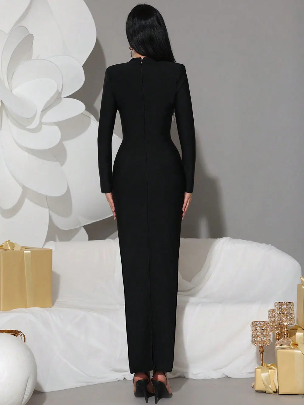 Women's Light Luxury Nail Diamond Design Bandage Dress Square Neck Long Sleeve Bodycon Black Long Dress Club Party Vestidos