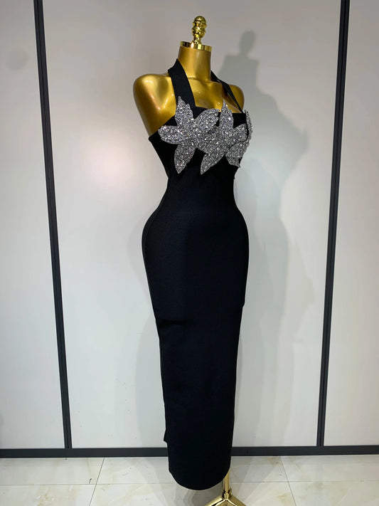 Women Sexy Sleeveless Halter Backless Shiny Diamond Flower Bodycon Bandage Dress Celebirty Elegant Evening Party Birthday Dress