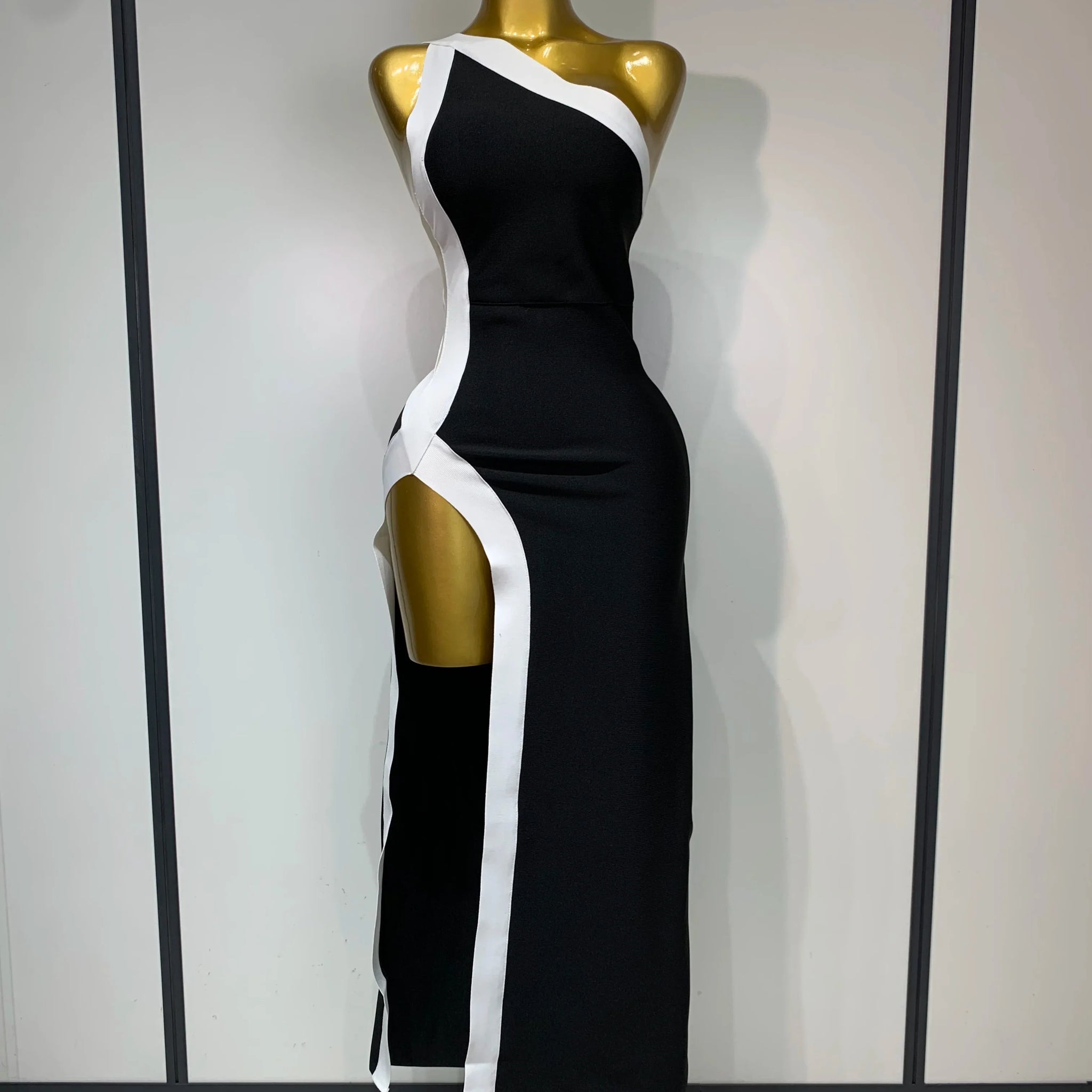 Women Sexy One Shoulder Split Black White Patchwork Bandage Bodycon Dress Celebrity Elegant Evening Party Birthday Outfit black