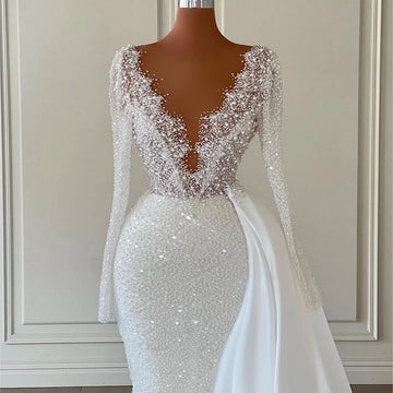 Eightre White Mermaid Wedding Dresses Boho Sequines Glitter Bride Dress V-Neck Långärmad bröllopskväll Prom klänningar plus storlek