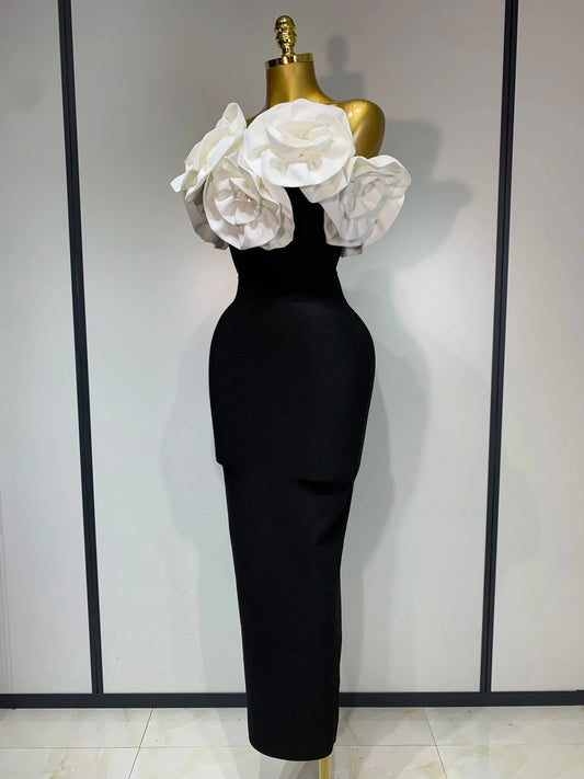 Women Sexy Off Shoulder Flower Diamonds Long Bodycon Bandage Dress Celebrity Elegant Evening Luxury Birthday Party Dresses
