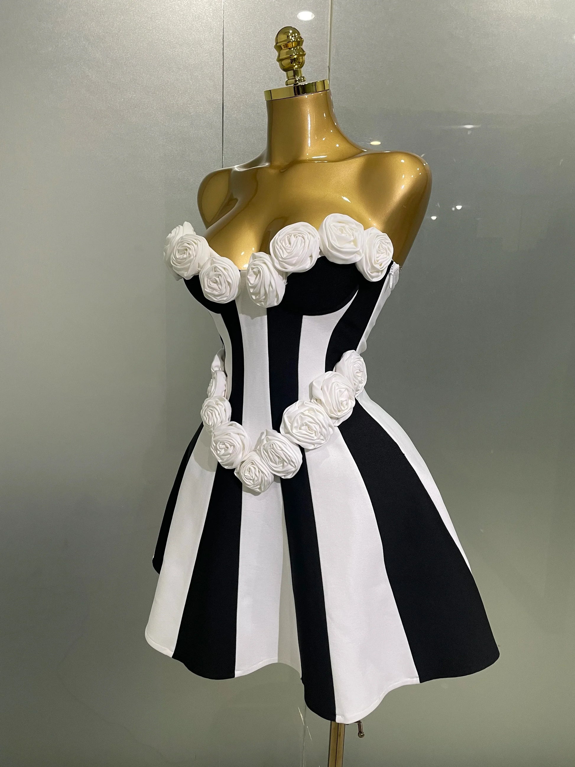 Women Flower Decoration Strapless Black White Stripe Bandage Short Dress Cocktail Party Elegant Evening Club Party Dress