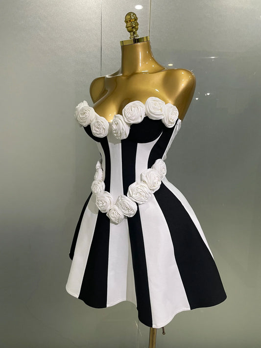 Women Flower Decoration Strapless Black White Stripe Bandage Short Dress Cocktail Party Elegant Evening Club Party Dress