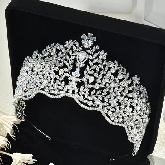 Bridal Hair Jewelry Big Large Zircon Tiaras and Crowns CZ Headpiece For Brides Diadem Crystal Earrings Set Wedding Accessories a