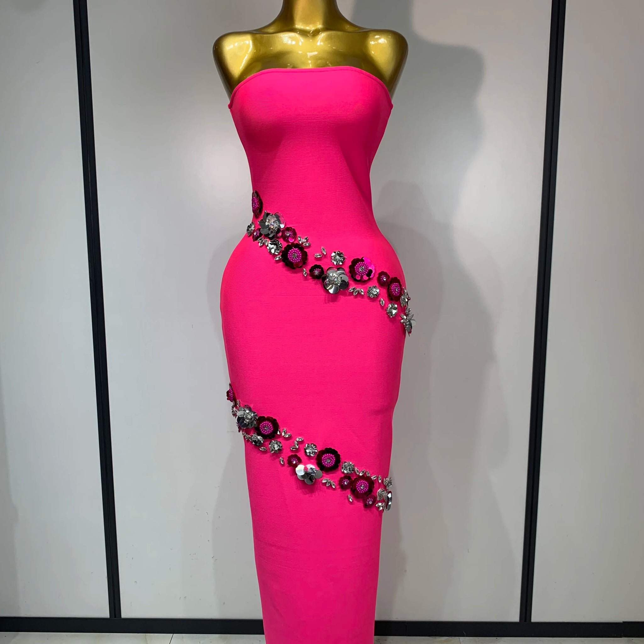 Sexy Fashion Elegant Strapless Beading Bodycon Long Dress Women Club Birthday Evening Party Slim Celebrity Elegangt Dresses Rose Red