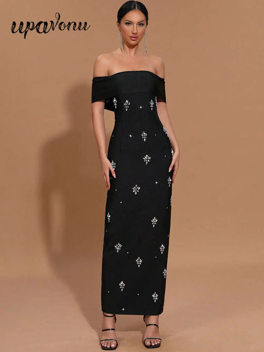 2025 Sexy Women's Light Luxury Diamond Set Bandage Dress with One Collar Shoulder Bodycon Bareback Long Dress Club Party Vestido