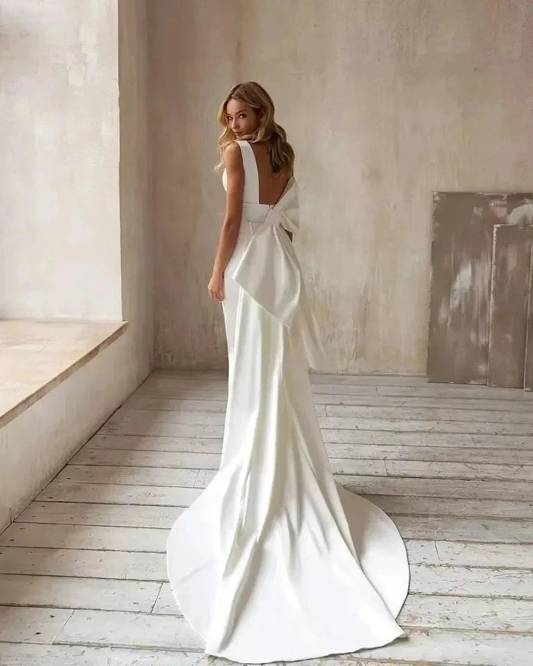 Satin Elegant Wedding Dresses Sexy Mermaid For Formal Party Deep V-Neck Backless Sleeveless Simple Robes Vestidos De Novia