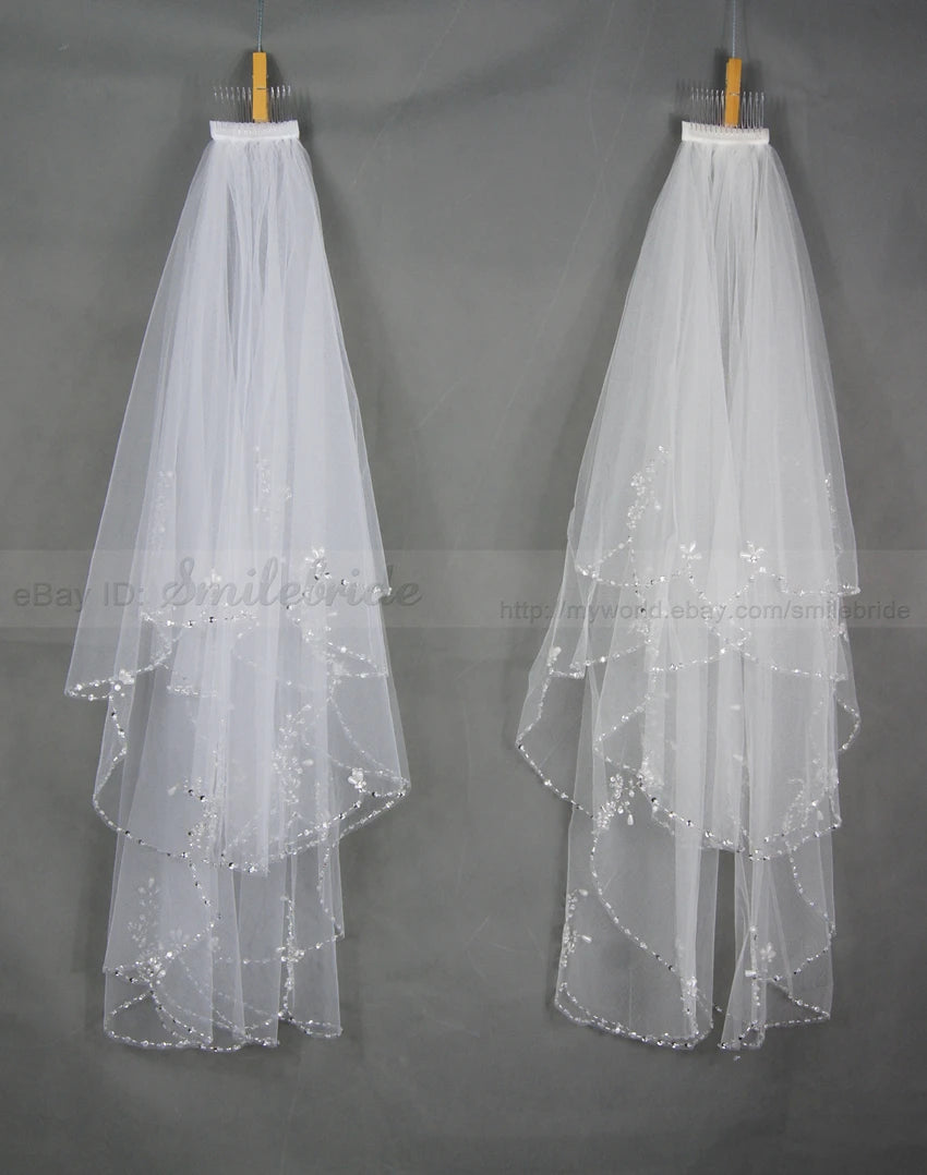 Two-Tier Hand-Beaded Scalloped Edge Bridal Veil Wedding Accessory with Metal Comb