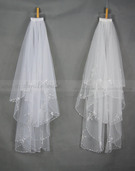 Two-Tier Hand-Beaded Scalloped Edge Bridal Veil Wedding Accessory with Metal Comb