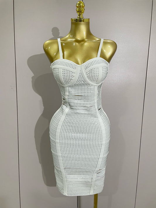 Shiny Diamond White Sleeveless V-neck Slim Short Dress Women Elegant Evening Club Prom Birthday Cocktail Dresses Vestido WHITE