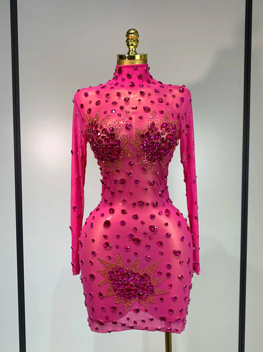 High Quality Sparkly Rhinestone Sexy Bodycon Dress New Fashion Nightclub Stage Outfit Luxury Birthday Party Dresses Rose Red