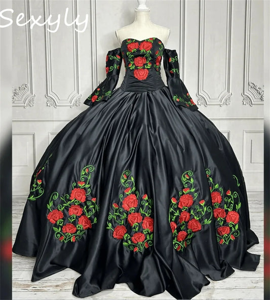 Mexican Theme Vestidos De 15 Quinceañera Dress Charro Embroidery Vestido De Xv Años Birthday Party Gown Para Sweet 16 Customized black