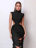 Sexy Women'S Hollow Design Bandage Dress High Neck Sleeveless Waist Exposed Bodycon Backless Mid Length Dress Party Vestido