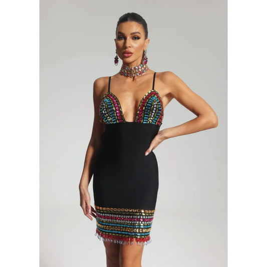 Colorful Diamonds Sexy V-Neck Spaghetti Strap Mini Bandage Dress Fashion Woman Evening Dress Holiday Vocation Vestido