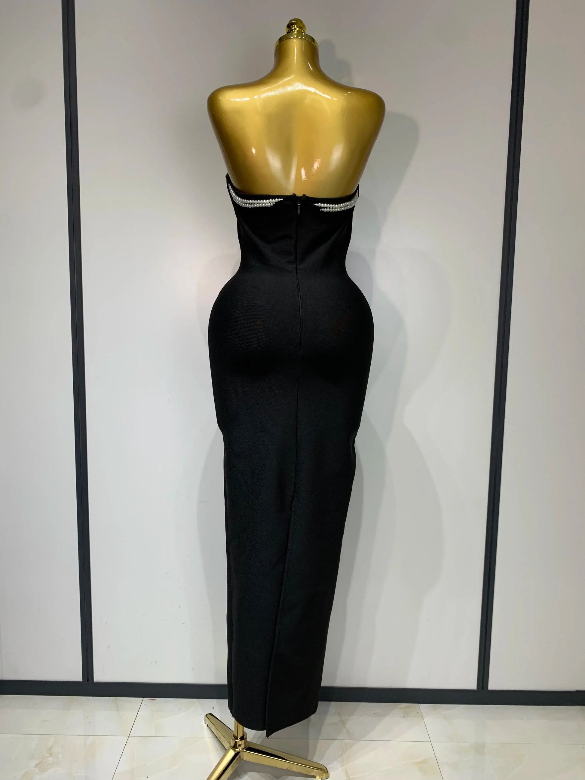 Women Sexy Backless Strapless Black Beading Long Bandage Bodycon Dress Celebrity Elegant Evening Luxury Birthday Dresses