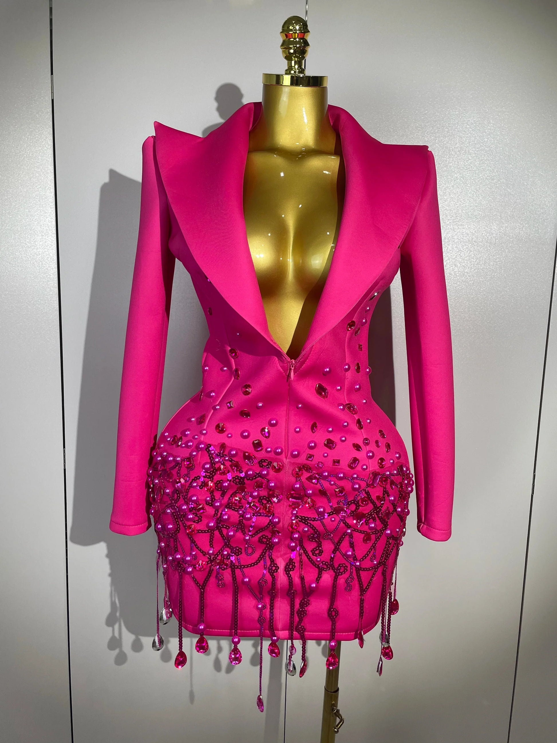Sparkly Crystal Chains Pearls Long Sleeve Mini Dress Women Birthday Evening Party Nightclub Outfit Singer Wedding Costume Rose Red