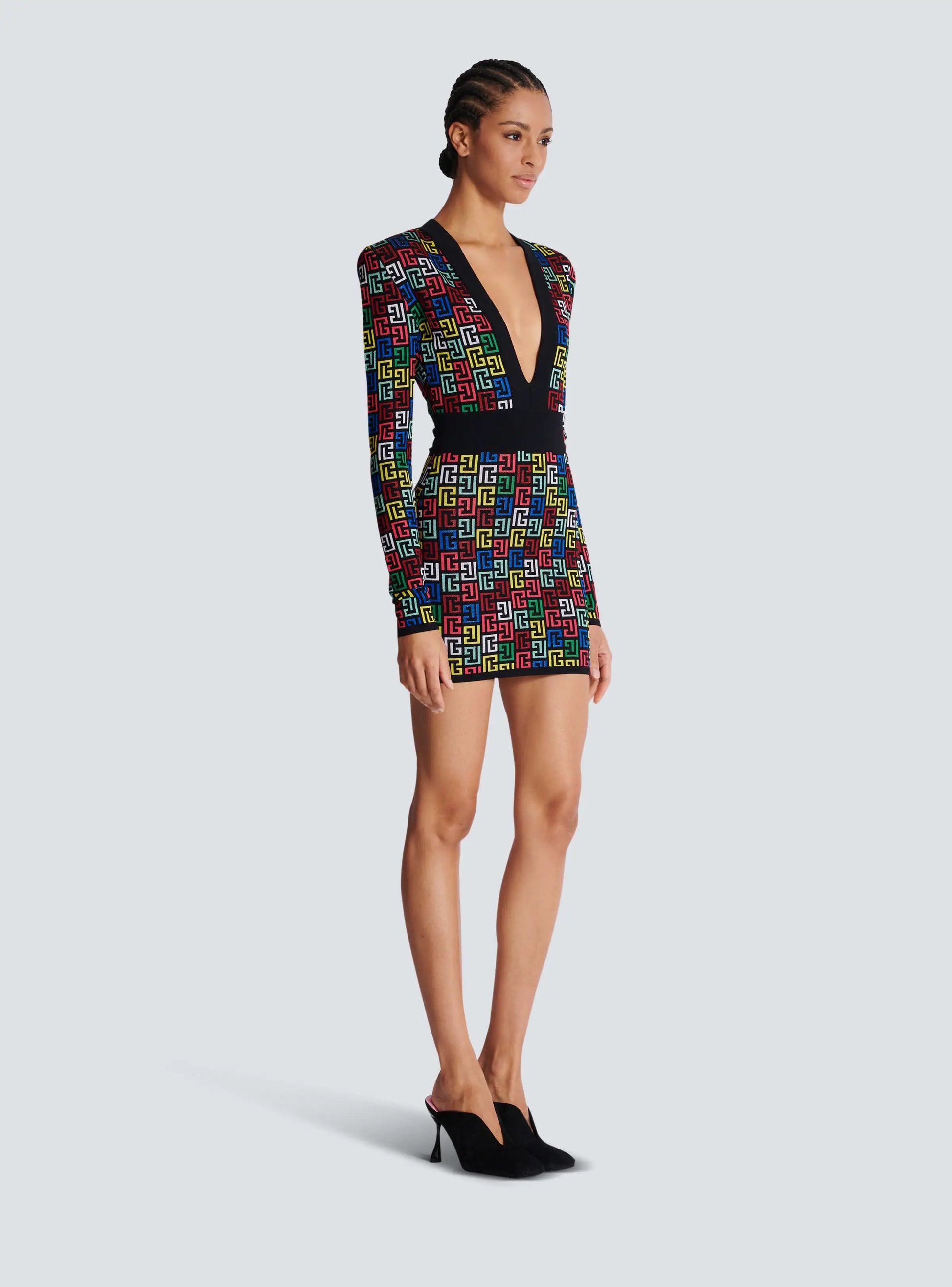 Women Long Sleeve Deep V-Neck Bodycon Mini Bandage Dress Jacquard Celebrate Evening Party Cocktail Dress Vestido