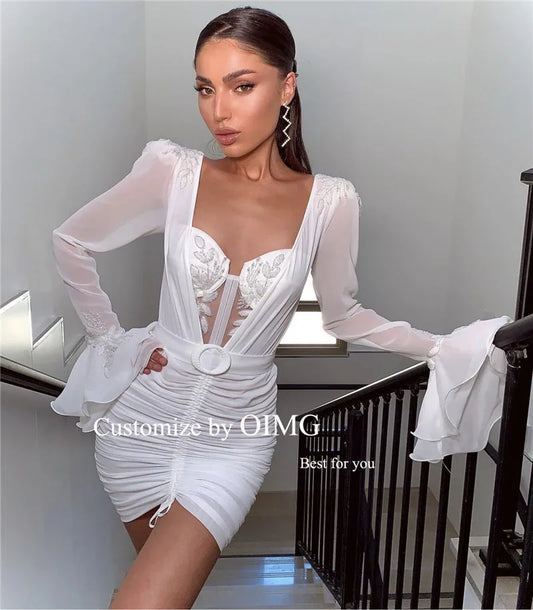 Fashion Short Wedding Dresses Long Sleeves Applique Stones Pleats Mini Sexy Bride Gowns Night Event Party Dress Outfit