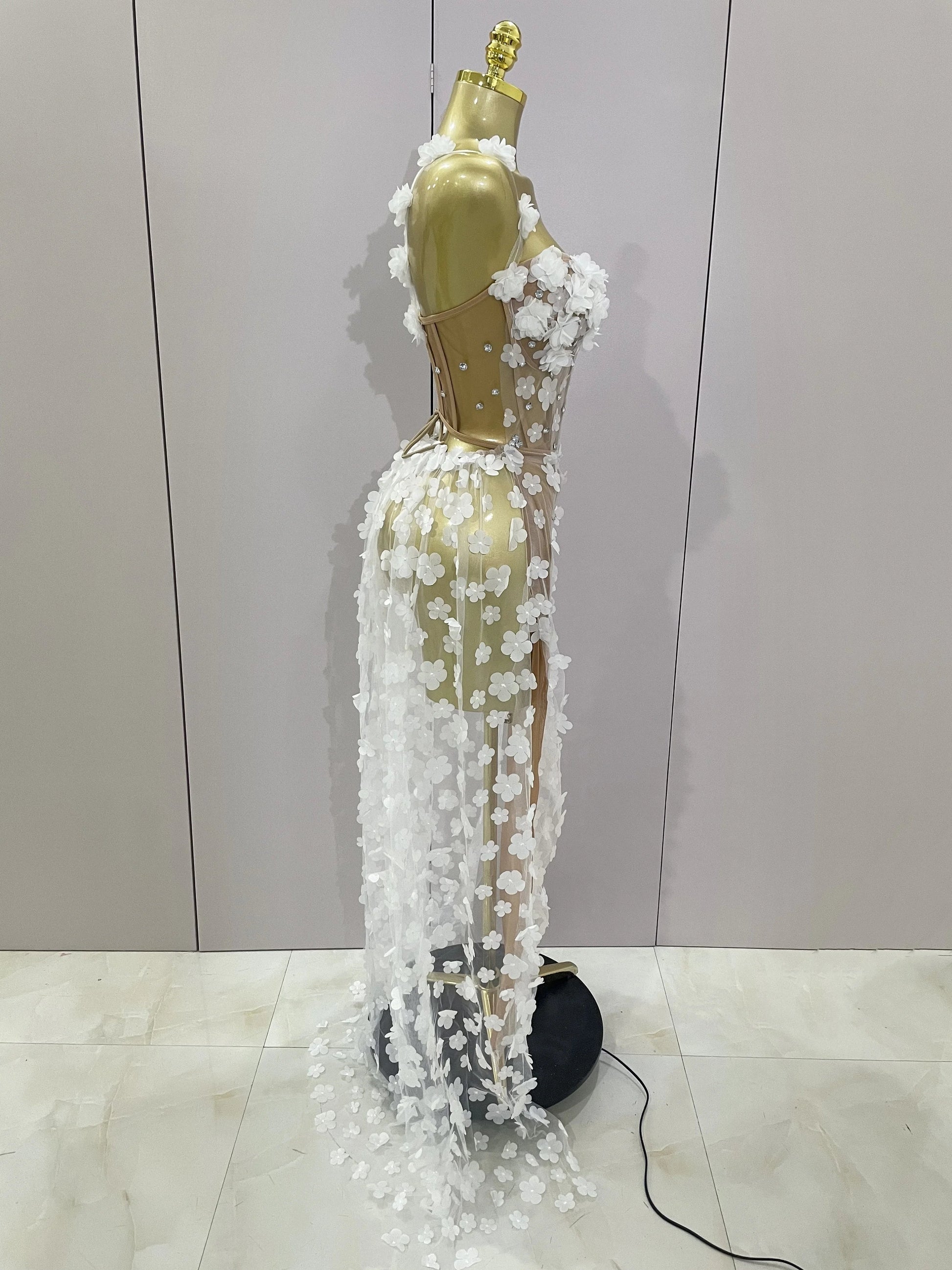 Sexy Mesh See Through Flowers Backless Long Dress Women Elegant Party Wedding Celebrate Evening Gown Prom Hotwife Outfit