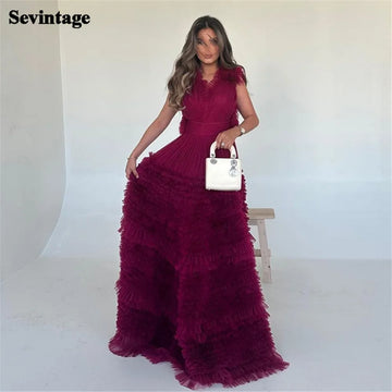 Elegant Fushia Prom Dress Tulle A-Line V-Neck Cap Sleeves Tiered Formal Evening Dress Floor Length Party Gown