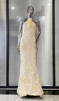Women Sexy Halter Off the Shoulder Embroidery Bodycon Long Dress Elegant Evening Party Birthday Cocktail Outfit Light Yellow