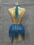 Women Sexy Shinning Crystal Sequisn Tassels 2 Pieces Bodycon Mini Dress Nightclub Party Bar Dancer Performance Costume