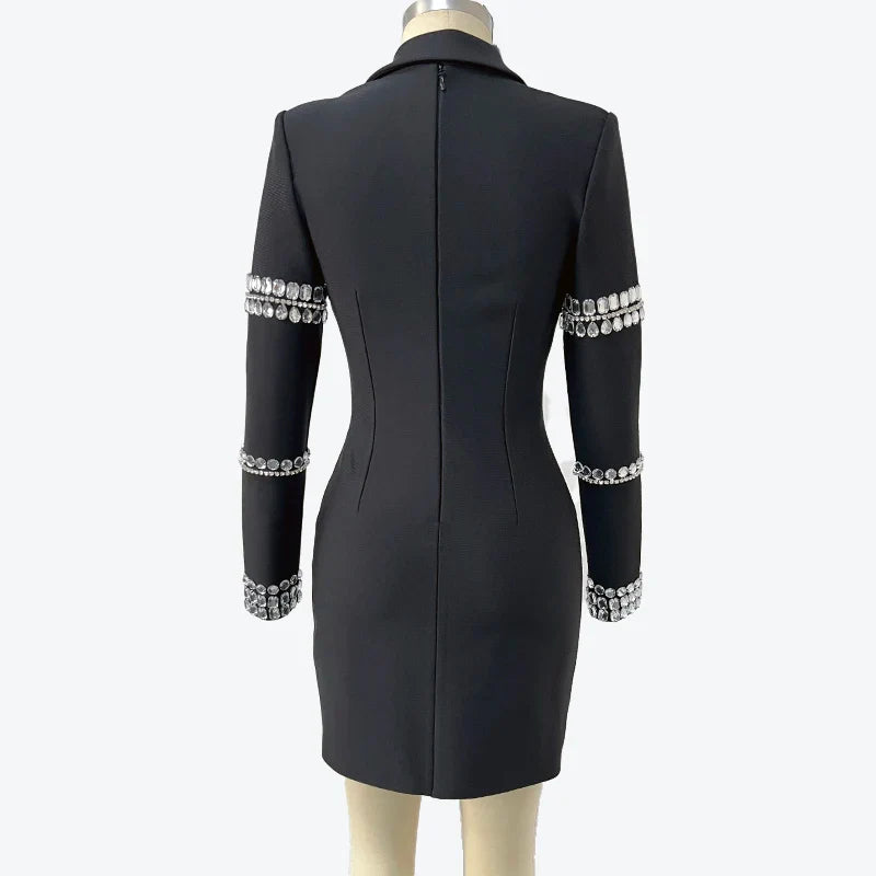 Fashion Black Color Women Long Sleeve Sexy V-Neck Bodycon Mini Bandage Dress Crystal Fashion Nightclub Party Outfit