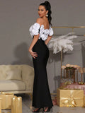 Elegant Women Light Luxury Flower Design Bandage Dress with One Collar Shoulders Bodycon Banquet President's Dress Vestidos
