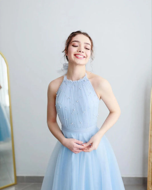 Blue Short Evening Dress Backless Tulle Pearls A-Line Prom Gowns Ankle Length Prom Dresses Graduation Party Gown