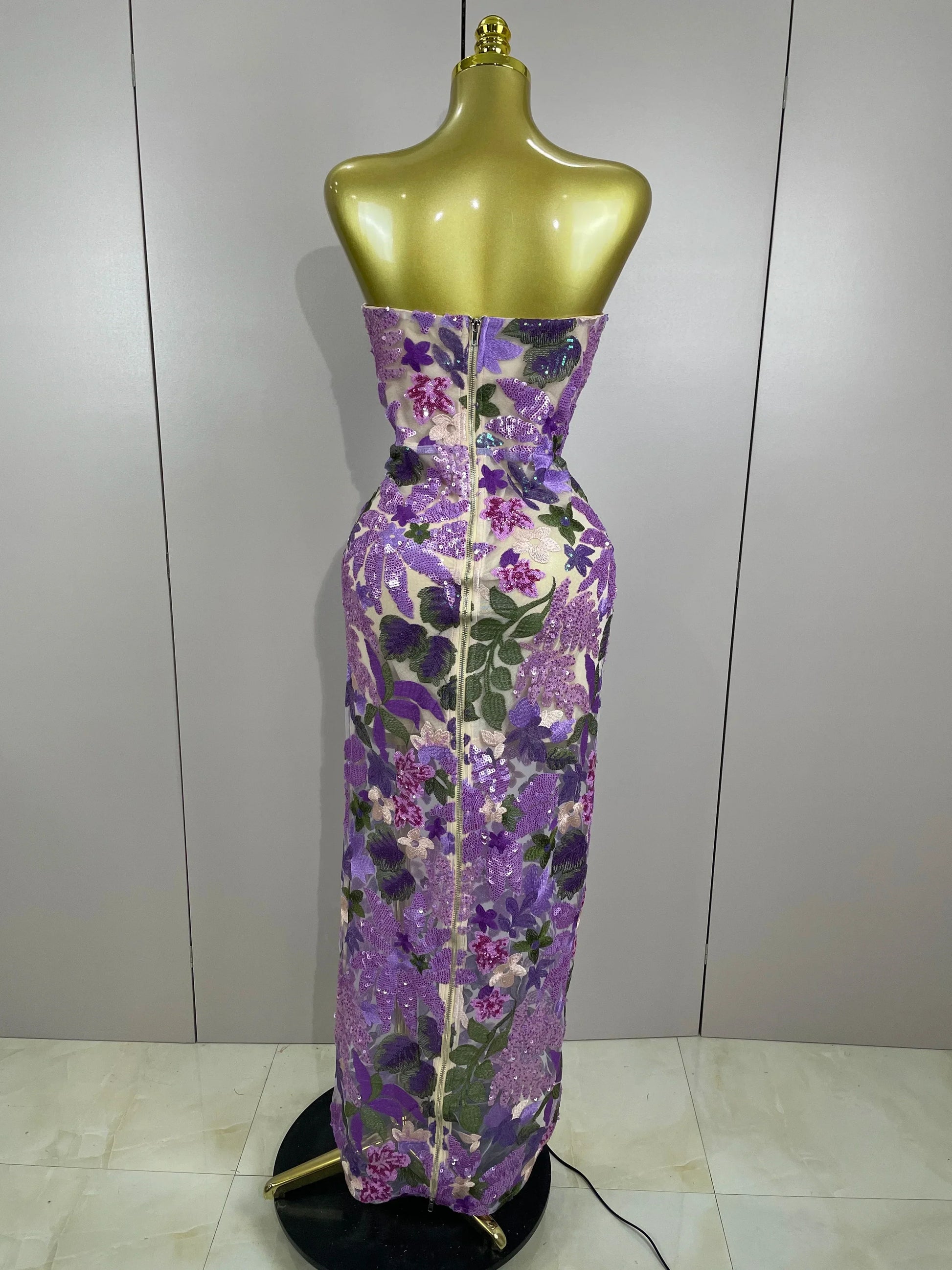 Sexy Strapless Floral Sequin Long Dress Women Sequins Flower Backless Long Slim Dress Evening Party Runway Gown Dress
