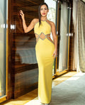 Yellow Color Women Sexy Off the Shoulder Shinning Crystal Bodycon Bandage Long Dress Celebrity Elegant Evening Party Dress