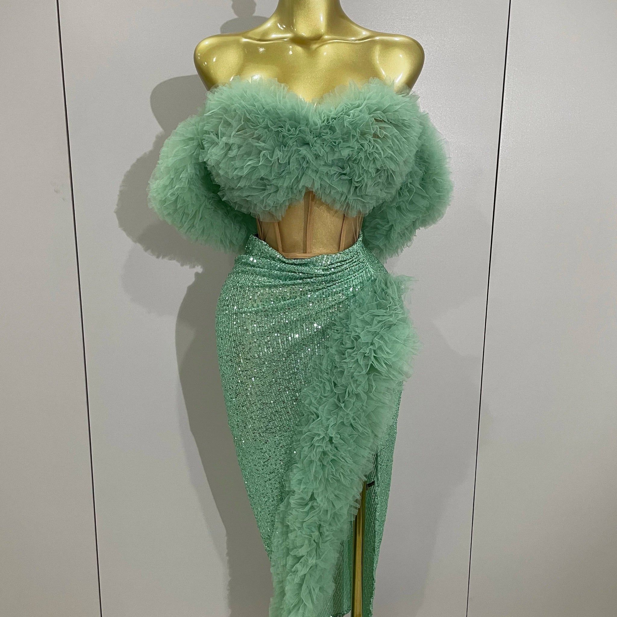 Shiny Sequins Top Short Skirt Two Pieces Set Women Sexy Celebrate Evening Prom Birthday Party Dress Nightclub Stage Outfit Mint