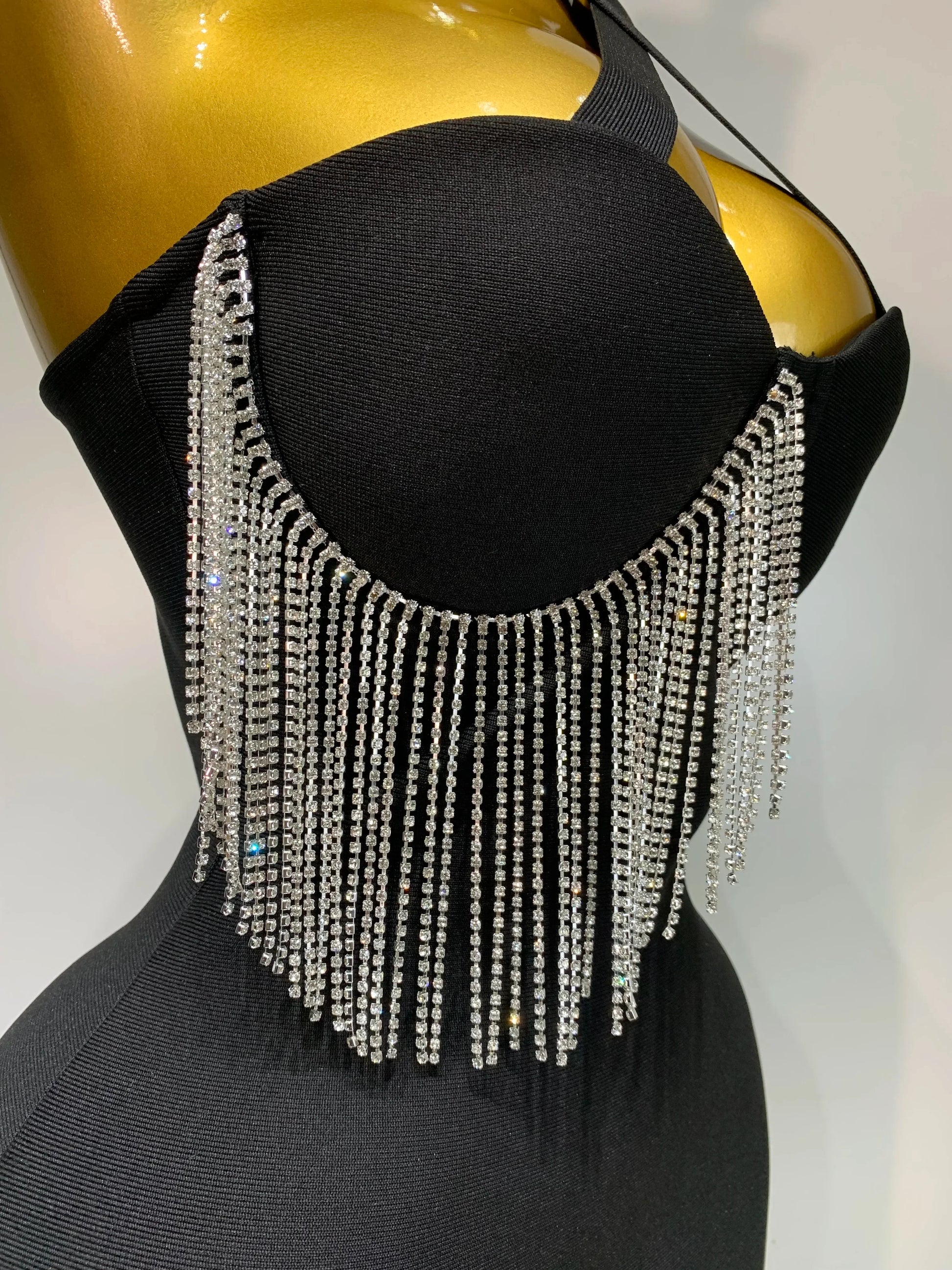 Women Sexy Diamonds Tassel Crystal Midi Black Bodycon Bandage Dress Elegant Evening Party Luxury Birthday Dresses Vestido
