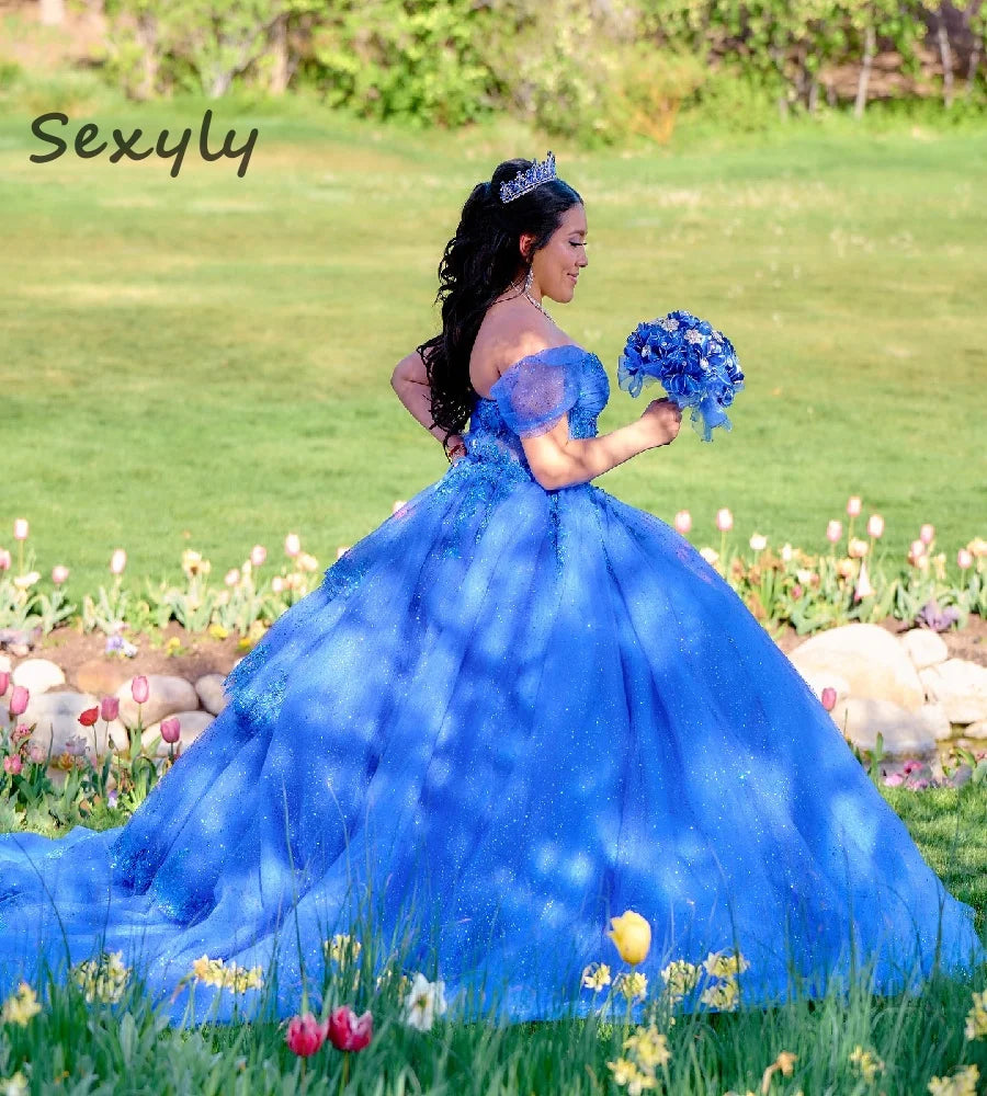 Bling Blue Quinceanera Dresses With Beaded Sparkly Sequin Vestido De 15 Anos Plus Size Sweet 16 Dress Birthday Party Customized